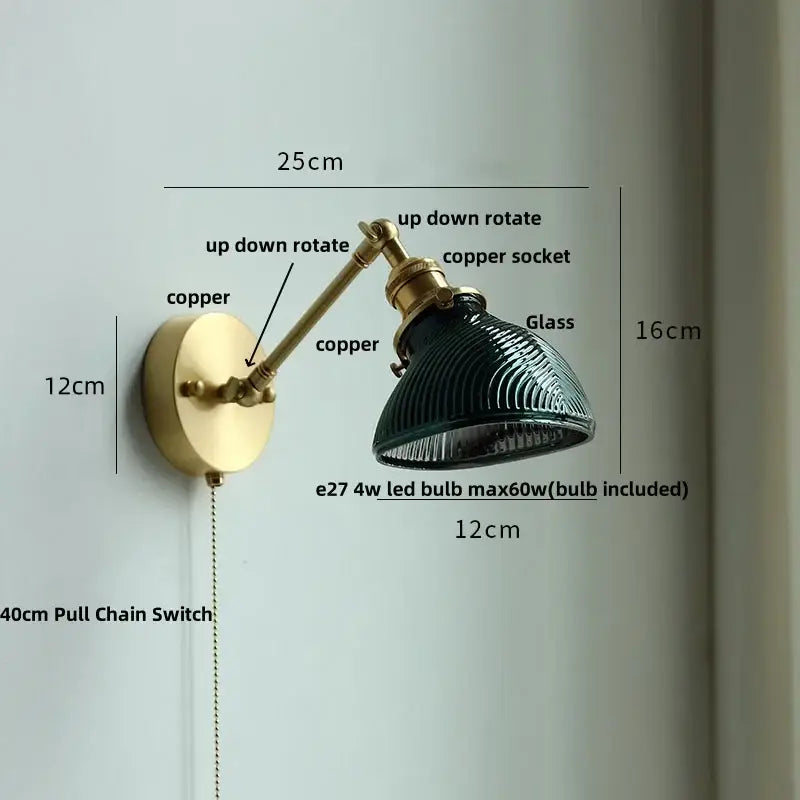 Vintage brass and green glass wall light fixture bedroom sconce