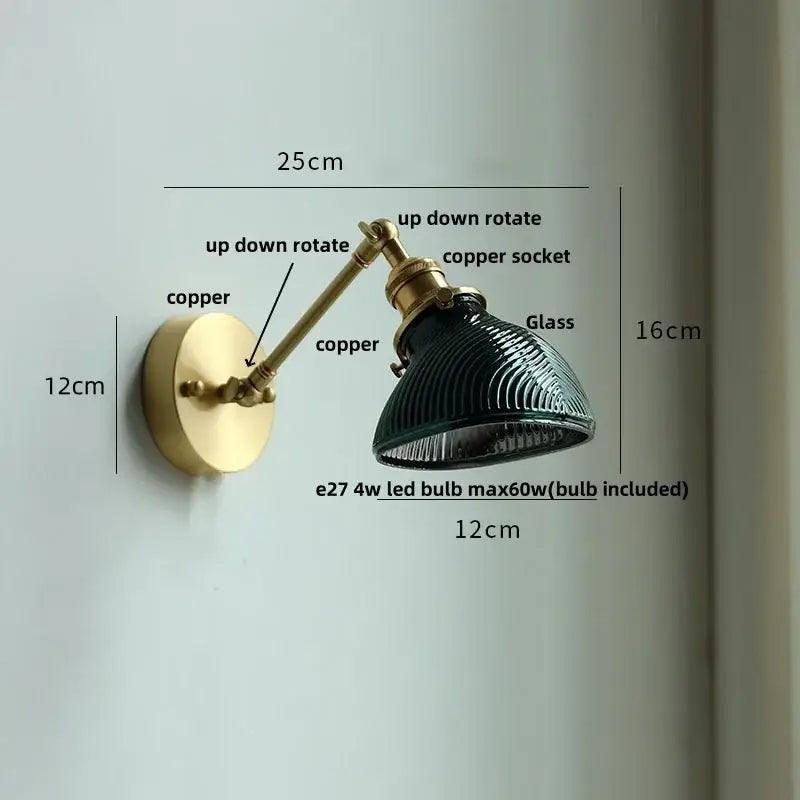 Vintage brass and green glass wall light fixture bedroom sconce