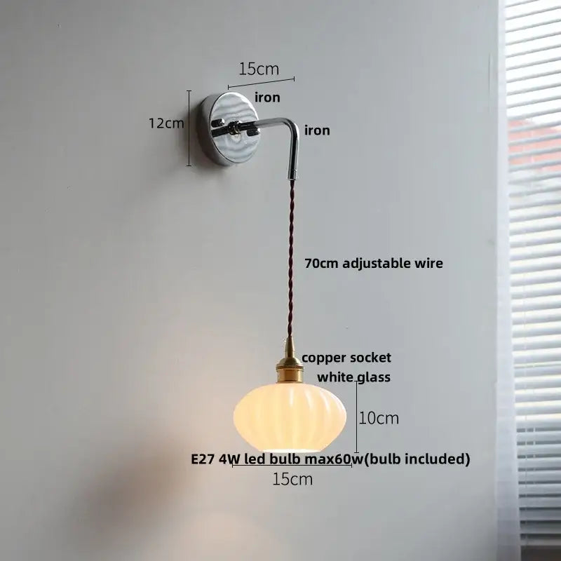 Vintage brass ceramic led wall lamp bedroom ribbed glass sconce