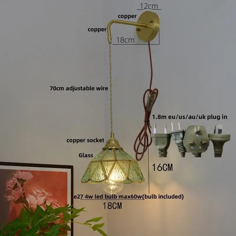 Vintage brass glass led wall sconce bedroom light with pull chain