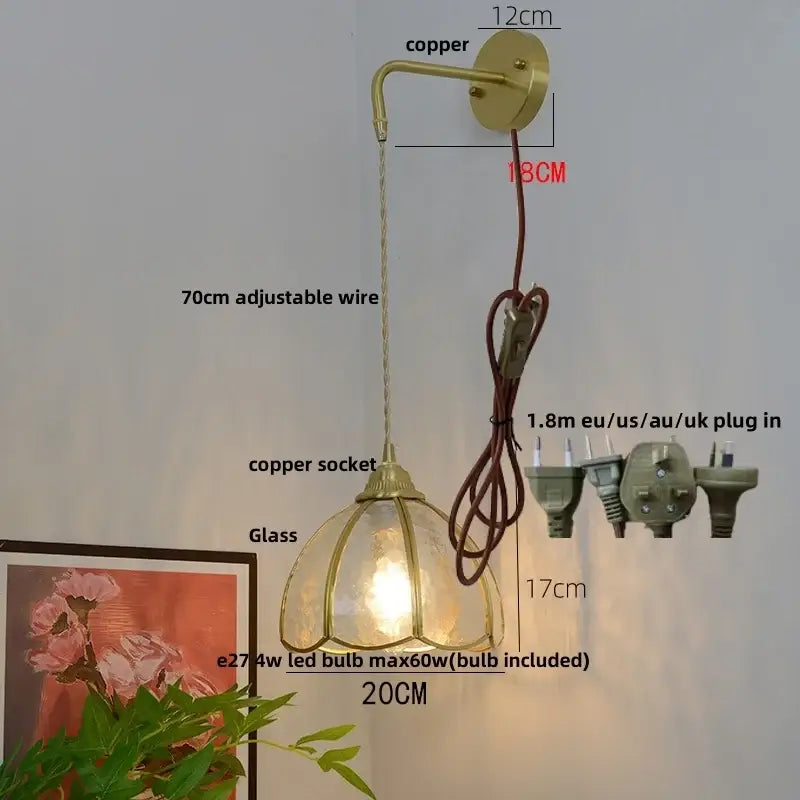 Vintage brass glass led wall sconce bedroom light with pull chain