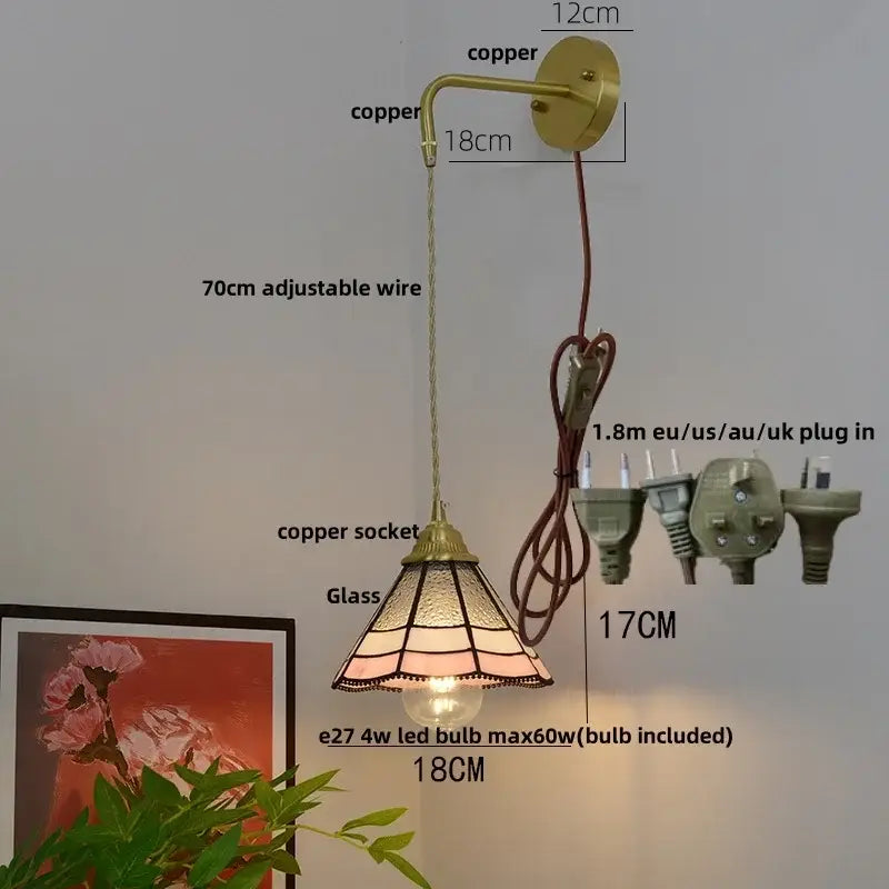 Vintage brass glass led wall sconce bedroom light with pull chain