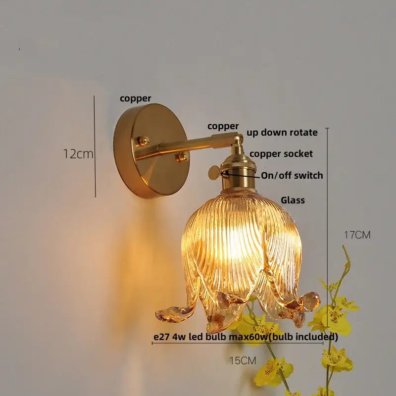 Vintage brass loft amber glass wall light bedroom flower sconce