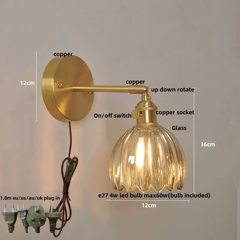 Vintage brass loft amber glass wall light bedroom flower sconce