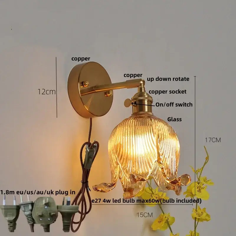 Vintage brass loft amber glass wall light bedroom flower sconce