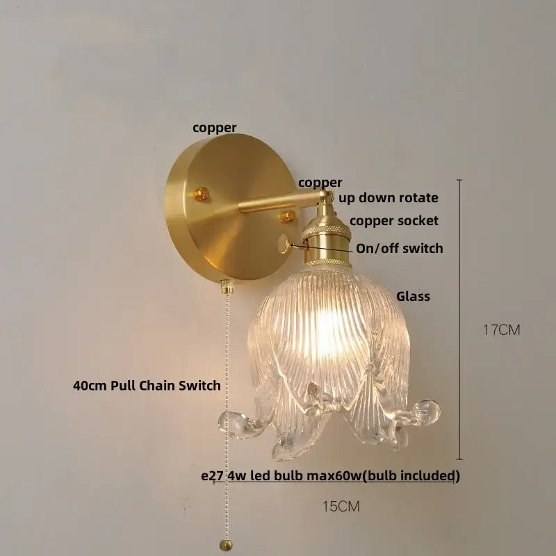 Vintage brass loft amber glass wall light bedroom flower sconce