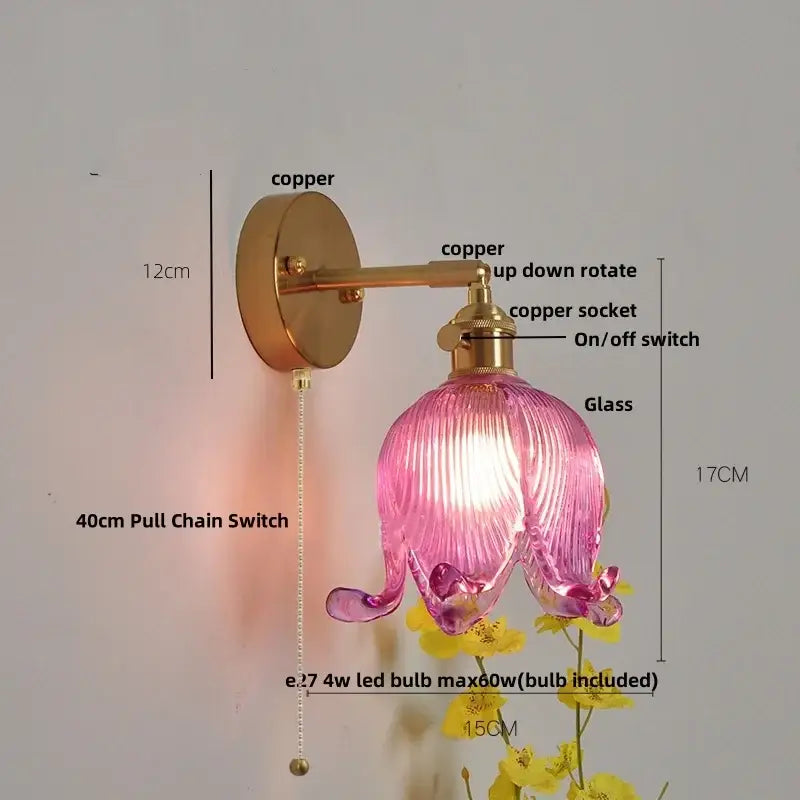 Vintage brass loft amber glass wall light bedroom flower sconce
