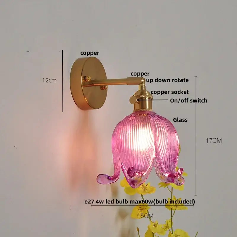 Vintage brass loft amber glass wall light bedroom flower sconce