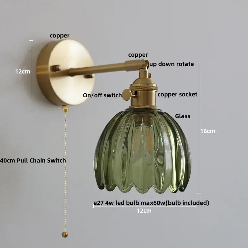 Vintage brass loft amber glass wall light bedroom flower sconce