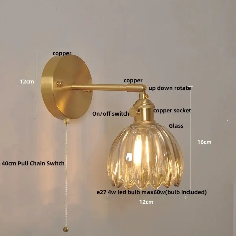 Vintage brass loft amber glass wall light bedroom flower sconce