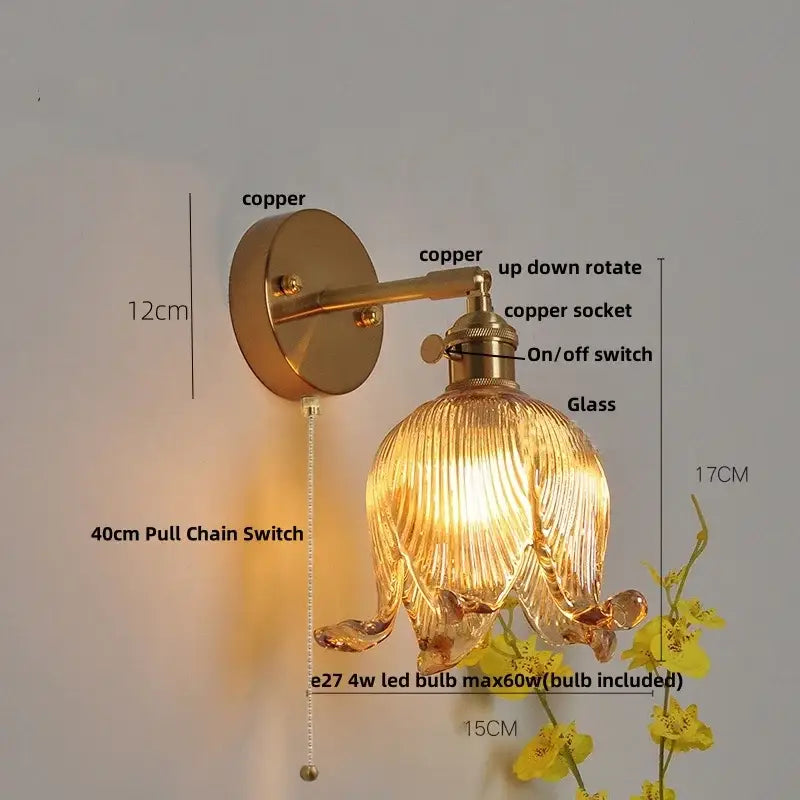 Vintage brass loft amber glass wall light bedroom flower sconce
