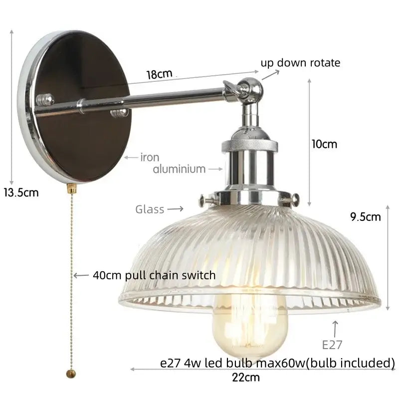 Vintage brass ribbed glass wall sconce bedroom light with pull chain