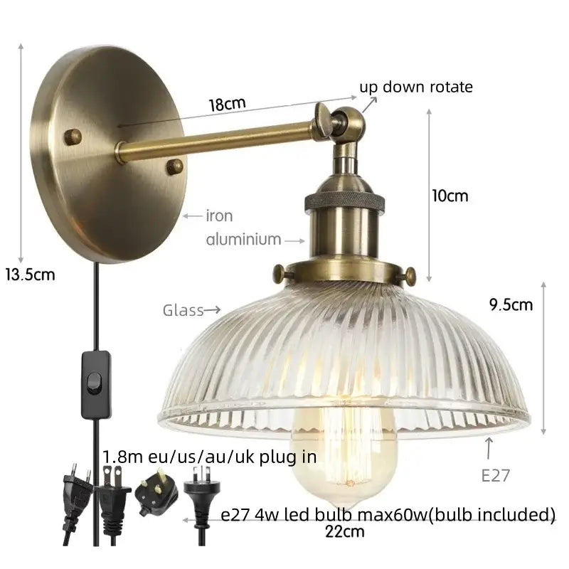 Vintage brass ribbed glass wall sconce bedroom light with pull chain