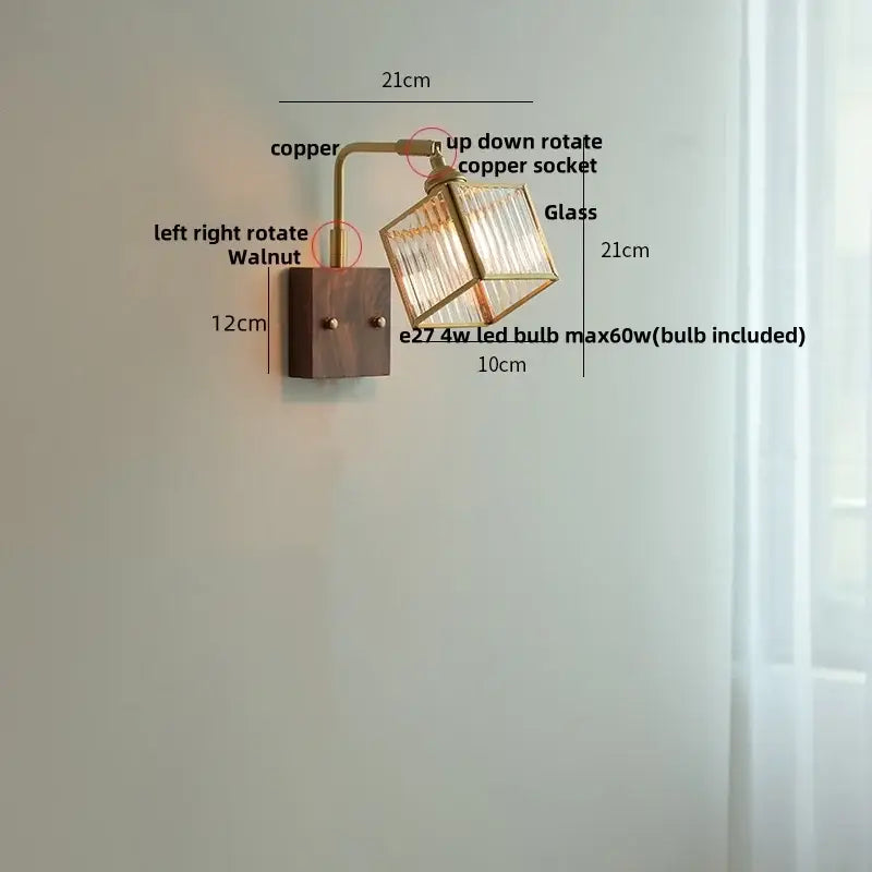 Vintage brass wall light with etched clear glass bedroom sconce