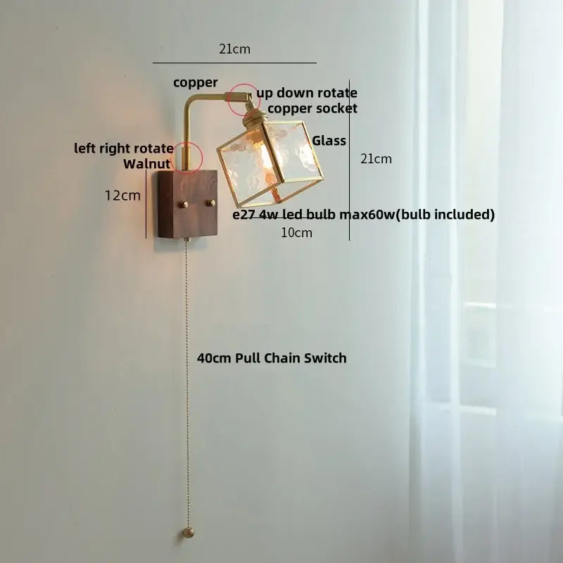 Vintage brass wall light with etched clear glass bedroom sconce