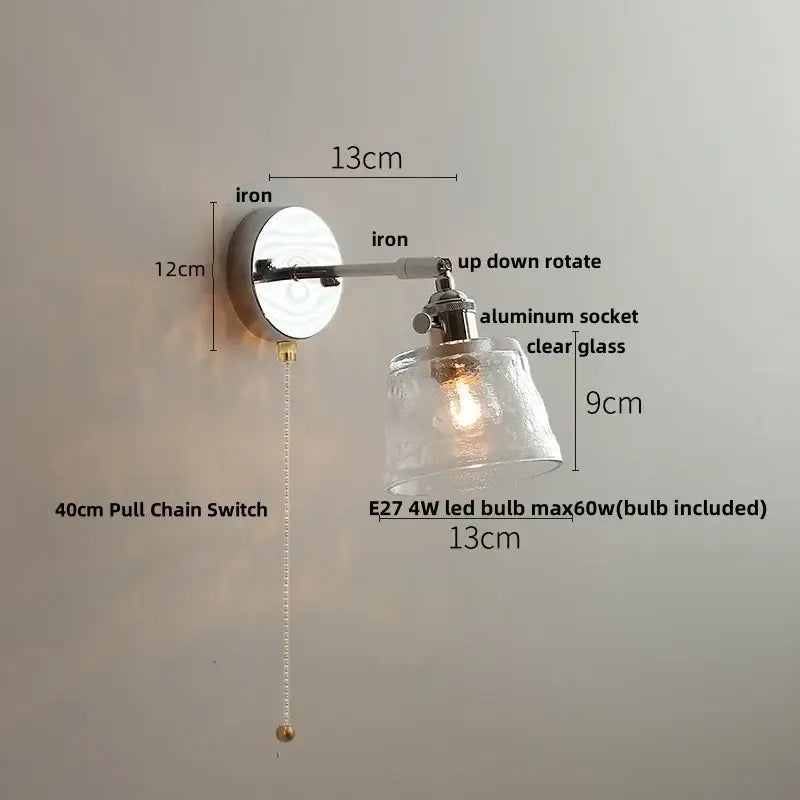 Vintage brushed nickel led wall light bedroom glass sconce