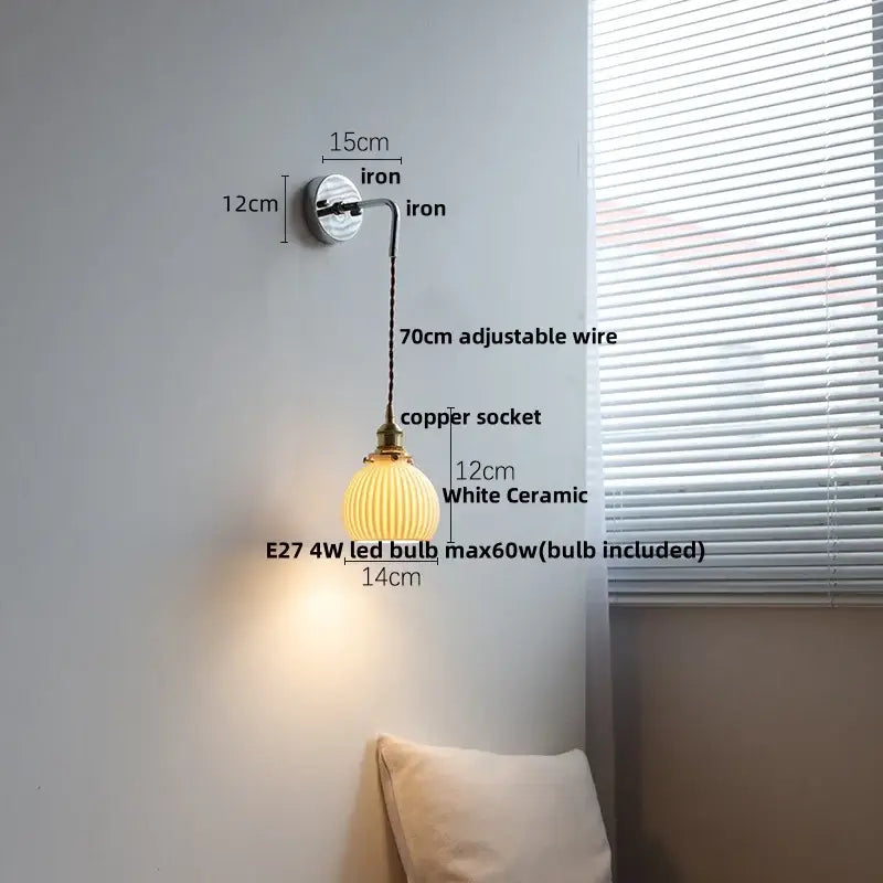 Vintage ceramic led wall sconce with ribbed glass for bedroom