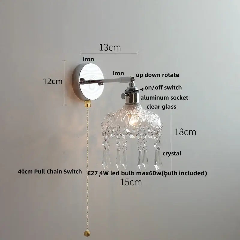 Vintage chrome clear glass wall sconce – bedroom pull chain light