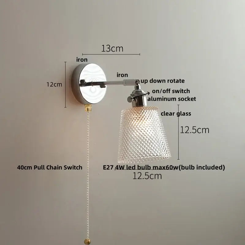 Vintage chrome clear glass wall sconce – bedroom pull chain light