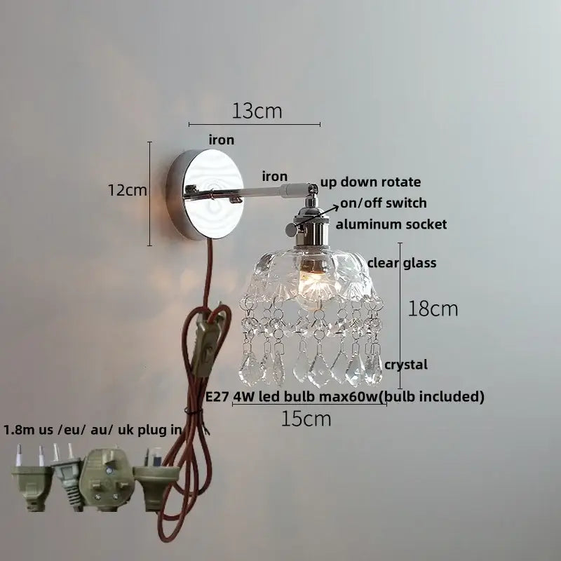Vintage chrome clear glass wall sconce – bedroom pull chain light