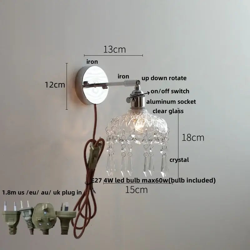 Vintage chrome clear glass wall sconce – bedroom pull chain light