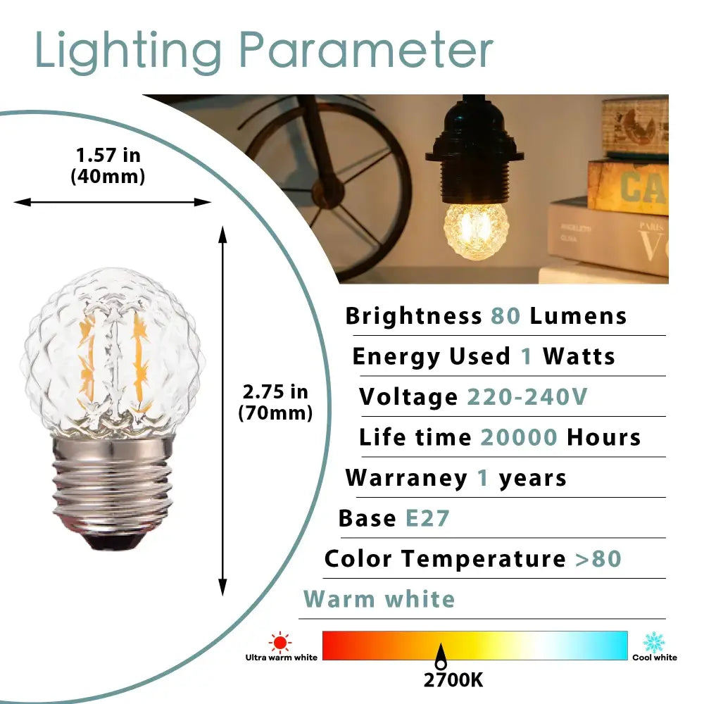 Vintage clear & amber g40 globe led filament bulb bedroom light
