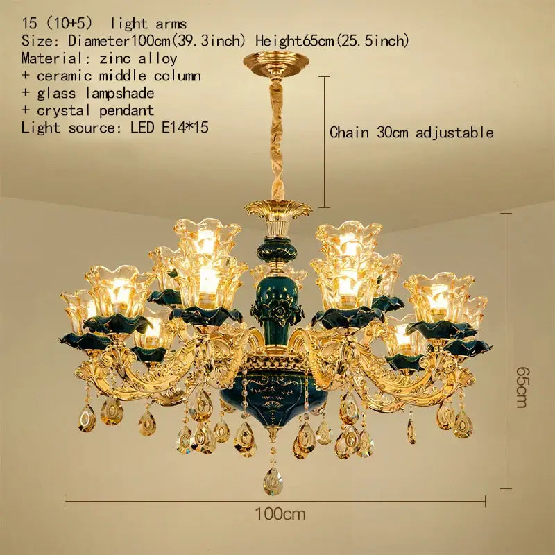 Vintage gold and dark blue crystal chandelier living room light