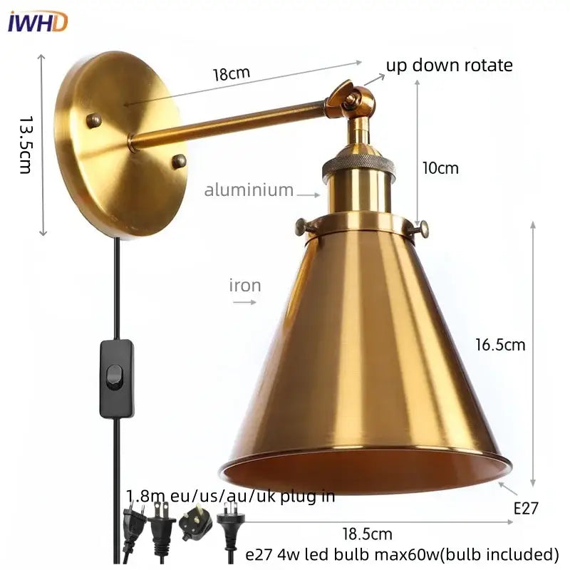Vintage industrial brass iron led wall lamp bedroom reading light