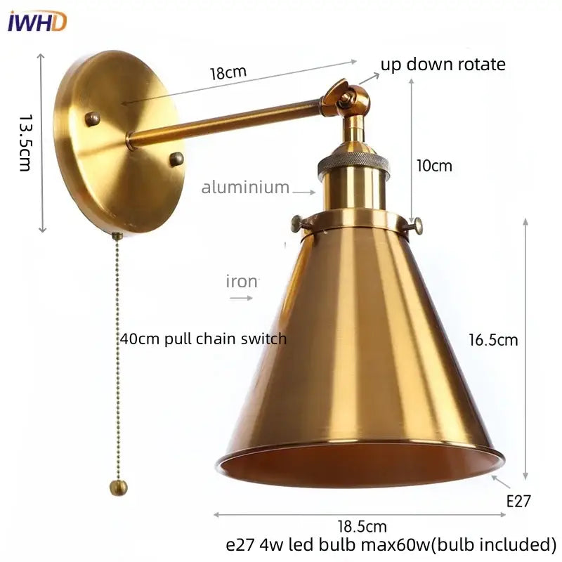 Vintage industrial brass iron led wall lamp bedroom reading light