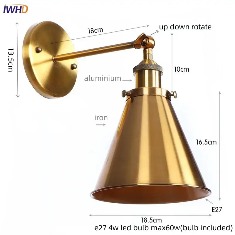 Vintage industrial brass iron led wall lamp bedroom reading light