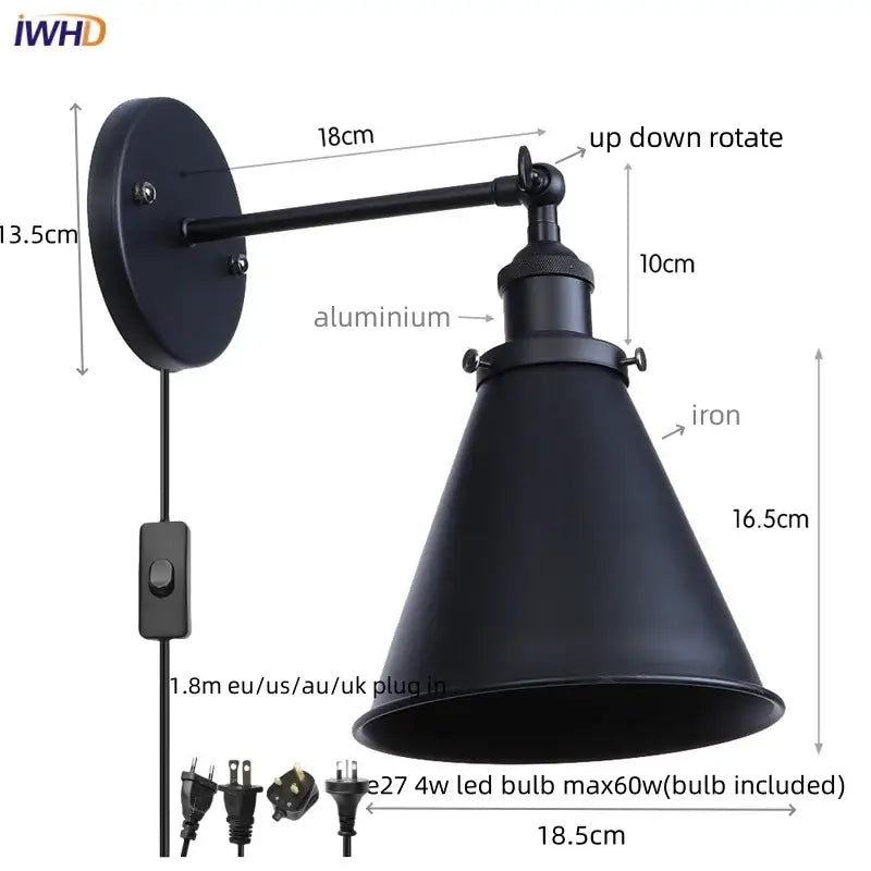 Vintage industrial brass iron led wall lamp bedroom reading light