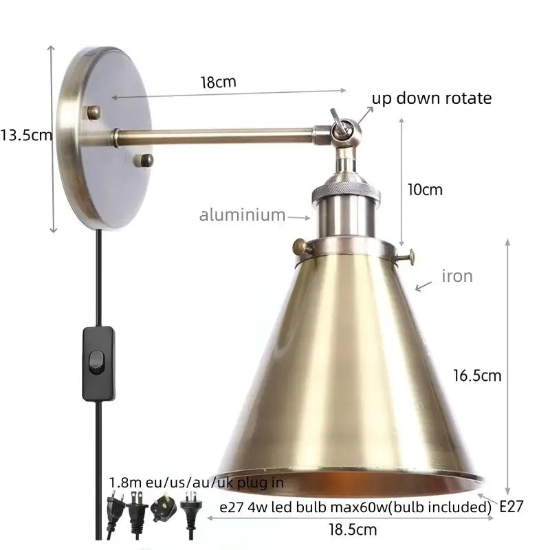 Vintage industrial brass iron led wall lamp bedroom reading light