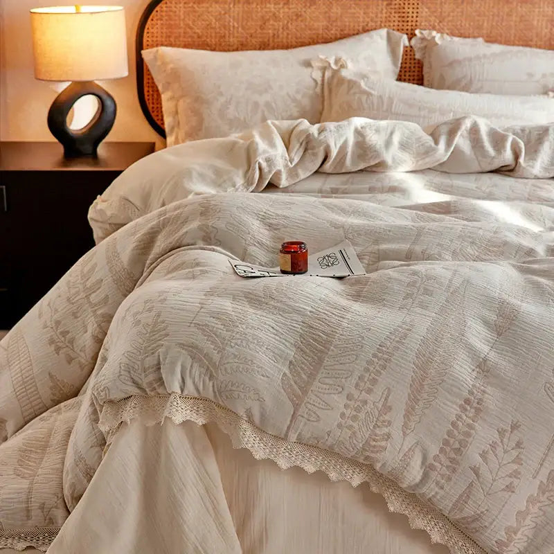 Vintage lace beige fern embroidered bedding set bedroom health wrinkled yarn