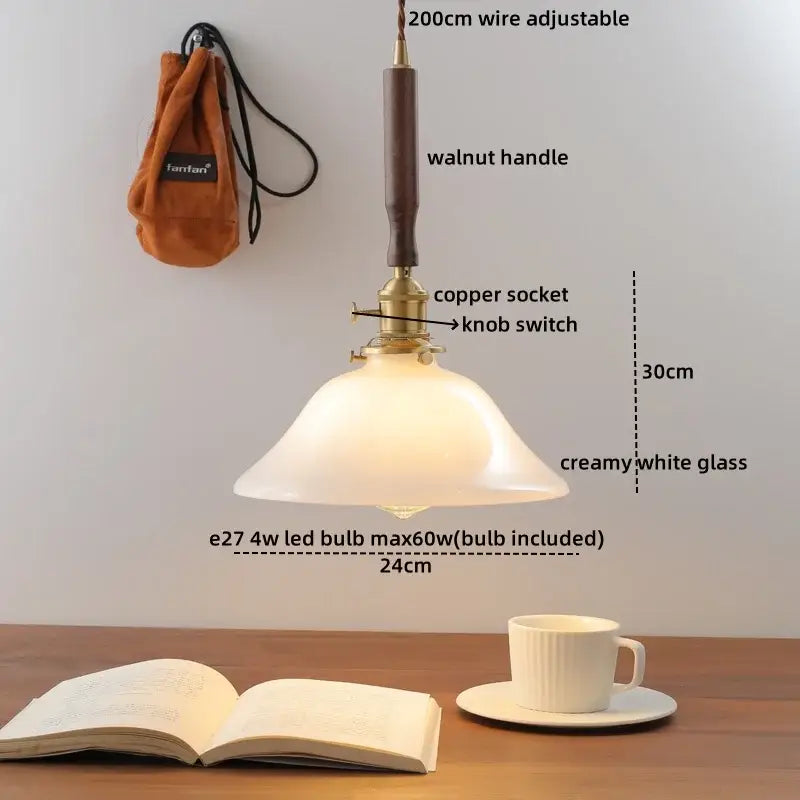 Vintage scalloped glass copper walnut led pendant lights dining room