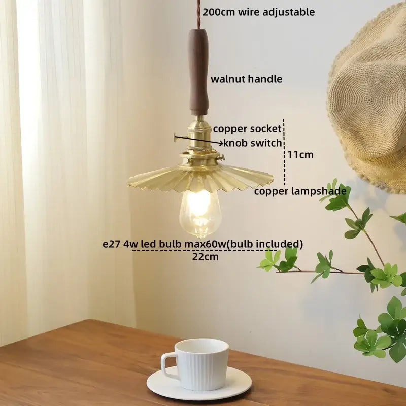 Vintage scalloped glass copper walnut led pendant lights dining room