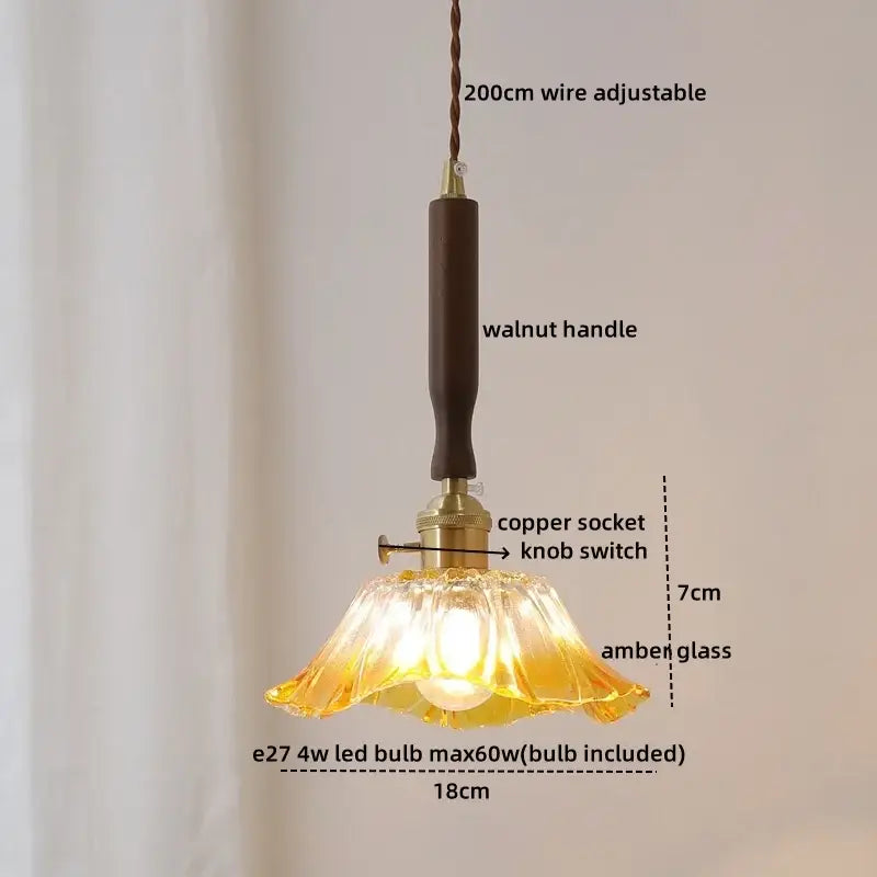 Vintage scalloped glass copper walnut led pendant lights dining room