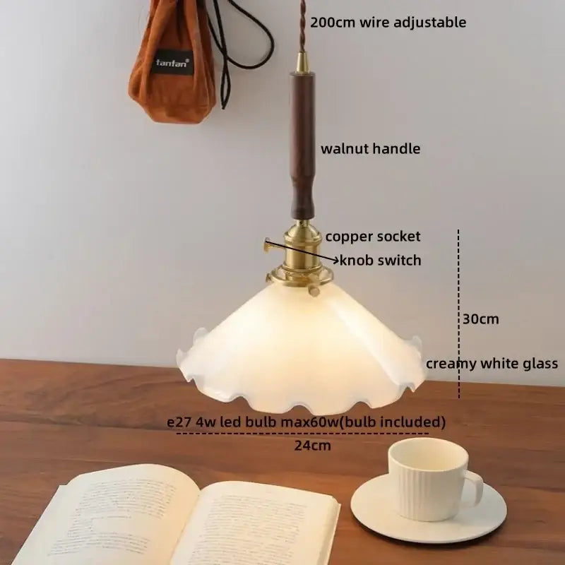 Vintage scalloped glass copper walnut led pendant lights dining room