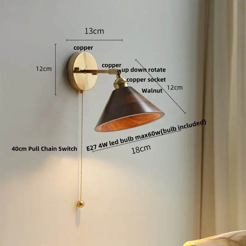 Walnut and brass wall sconce with pull chain switch bedroom light