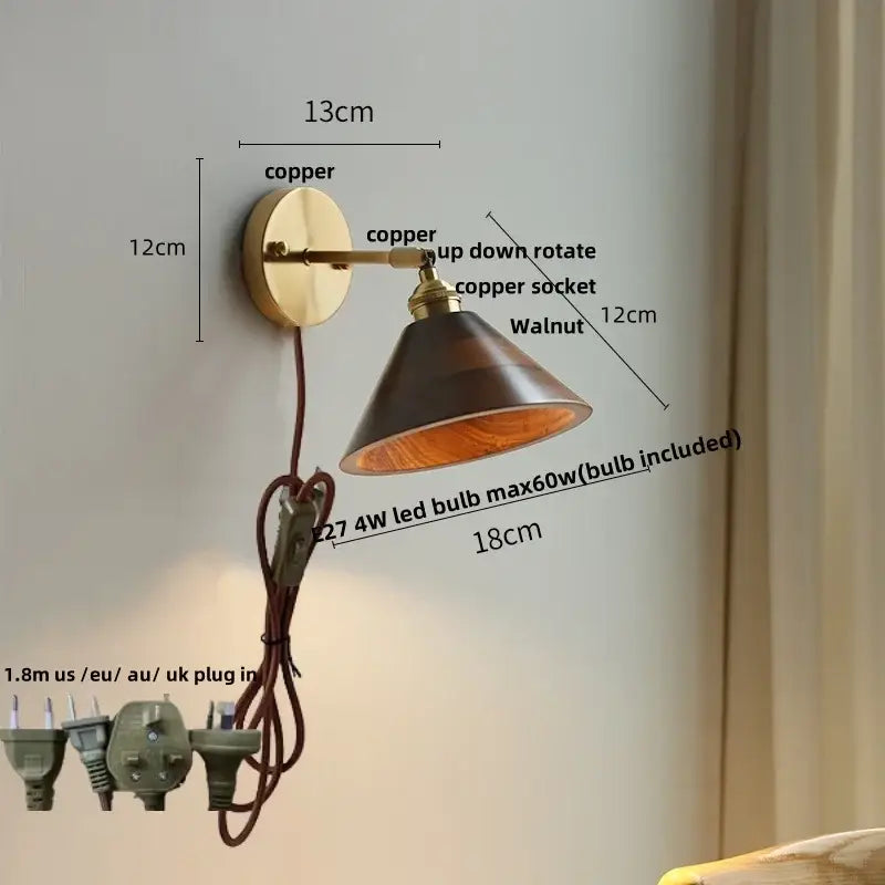 Walnut and brass wall sconce with pull chain switch bedroom light