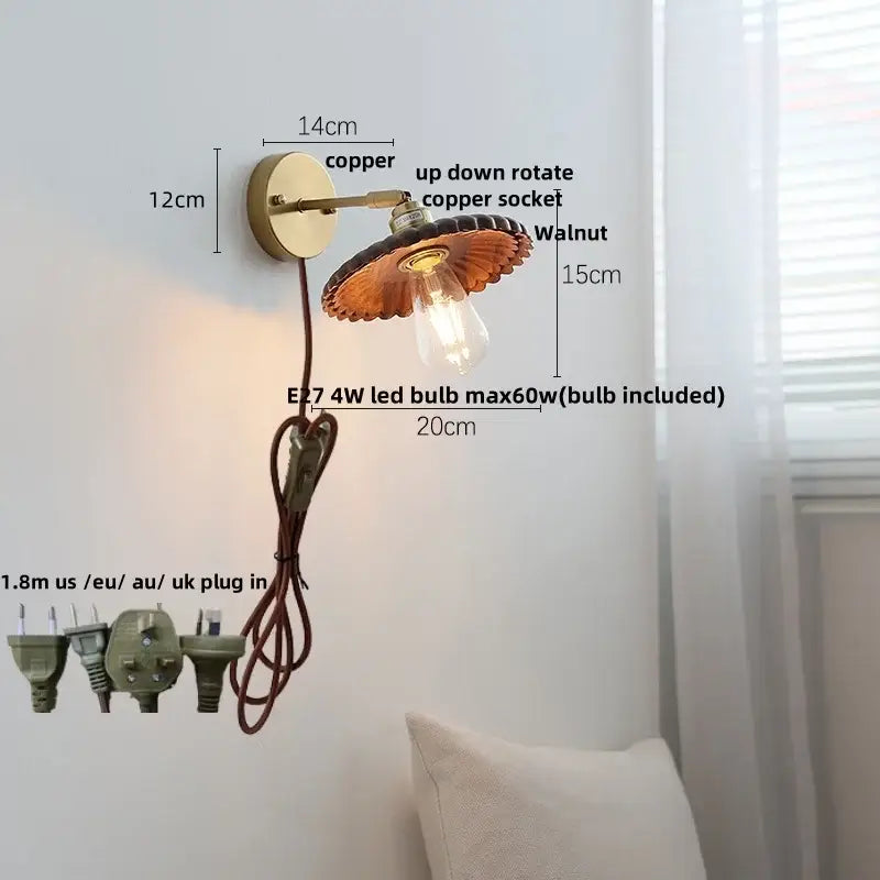 Walnut and brass wall sconce with pull chain switch bedroom light