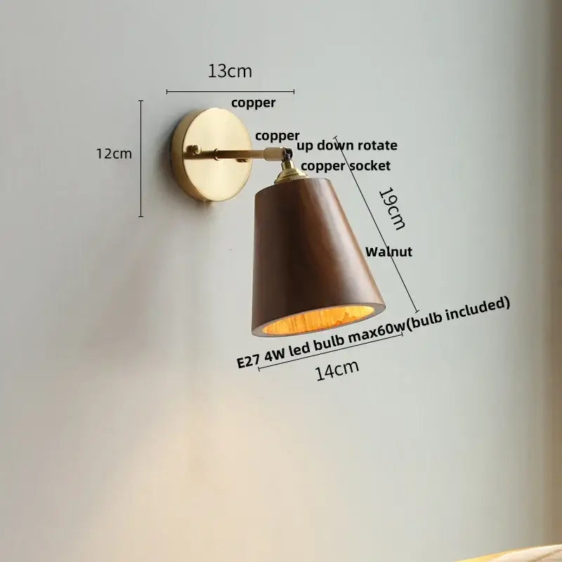 Walnut and brass wall sconce with pull chain switch bedroom light