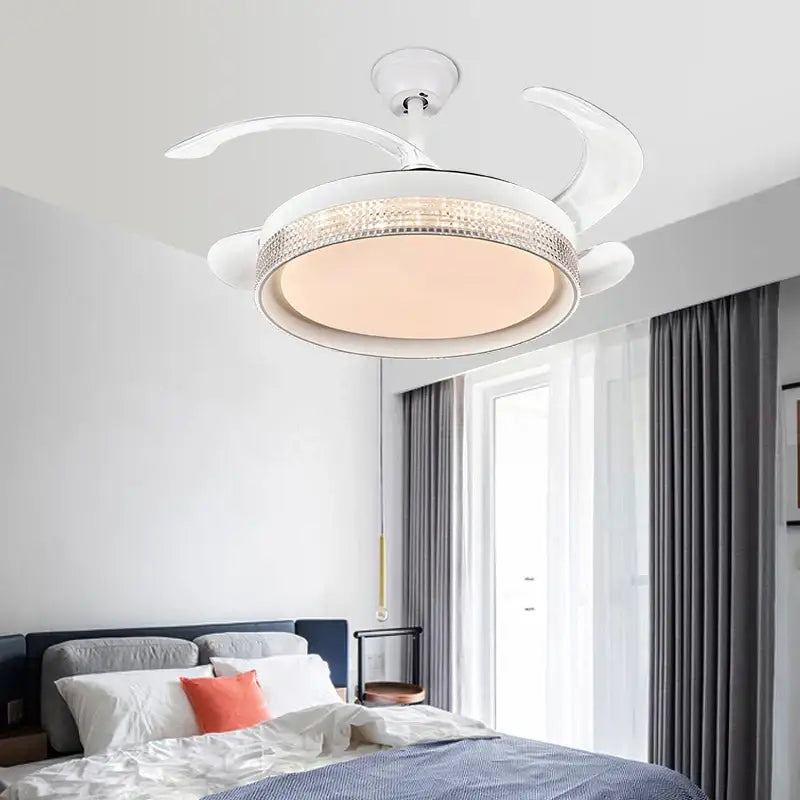 White crystal invisible chandelier led ceiling fan living room