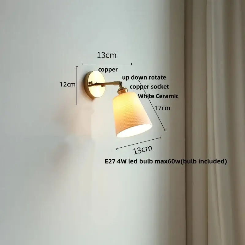 White ribbed ceramic led wall sconce bedroom pull chain light