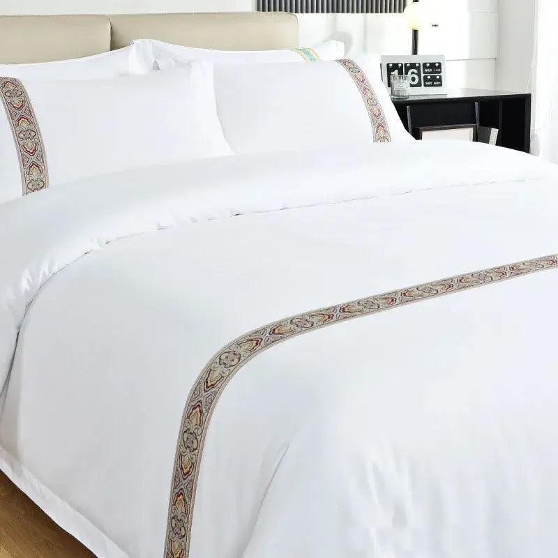 White satin bedding set with red & black trim bedroom decor