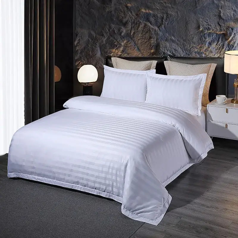 White satin bedding set with red & black trim bedroom decor