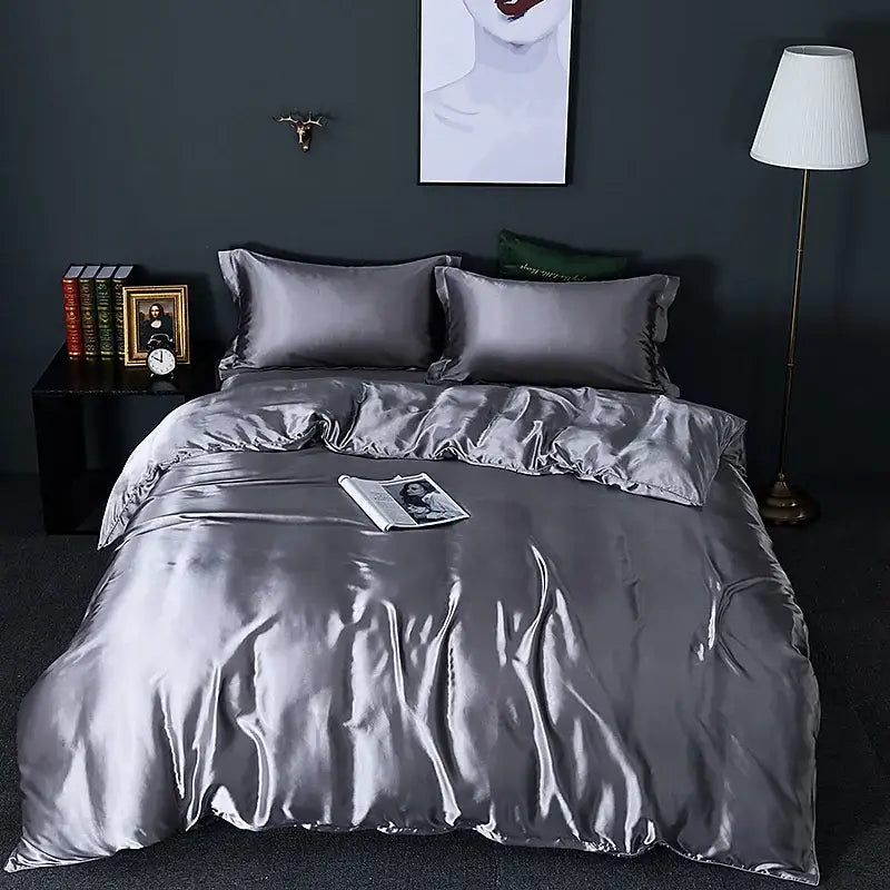 White satin silk blend duvet cover set bedroom bedspread