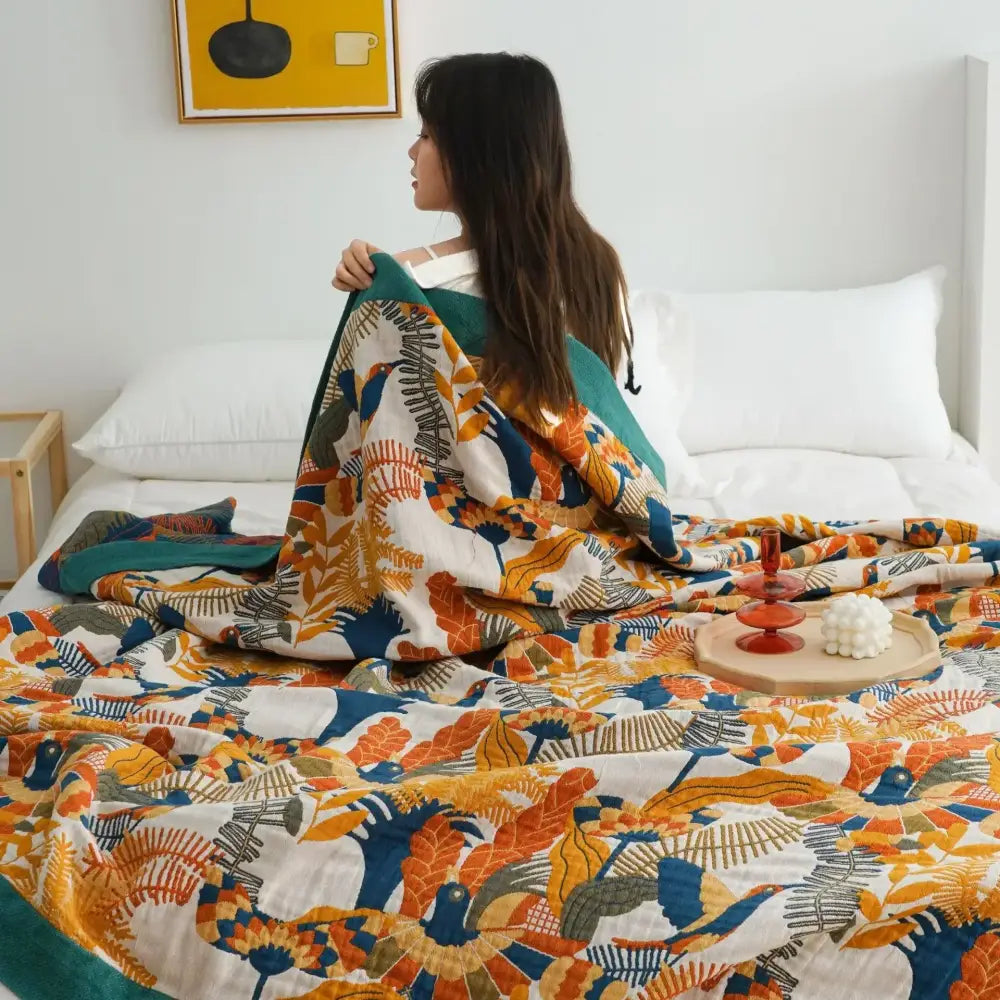Yellow navy & white cotton gauze soft throw blanket bedroom