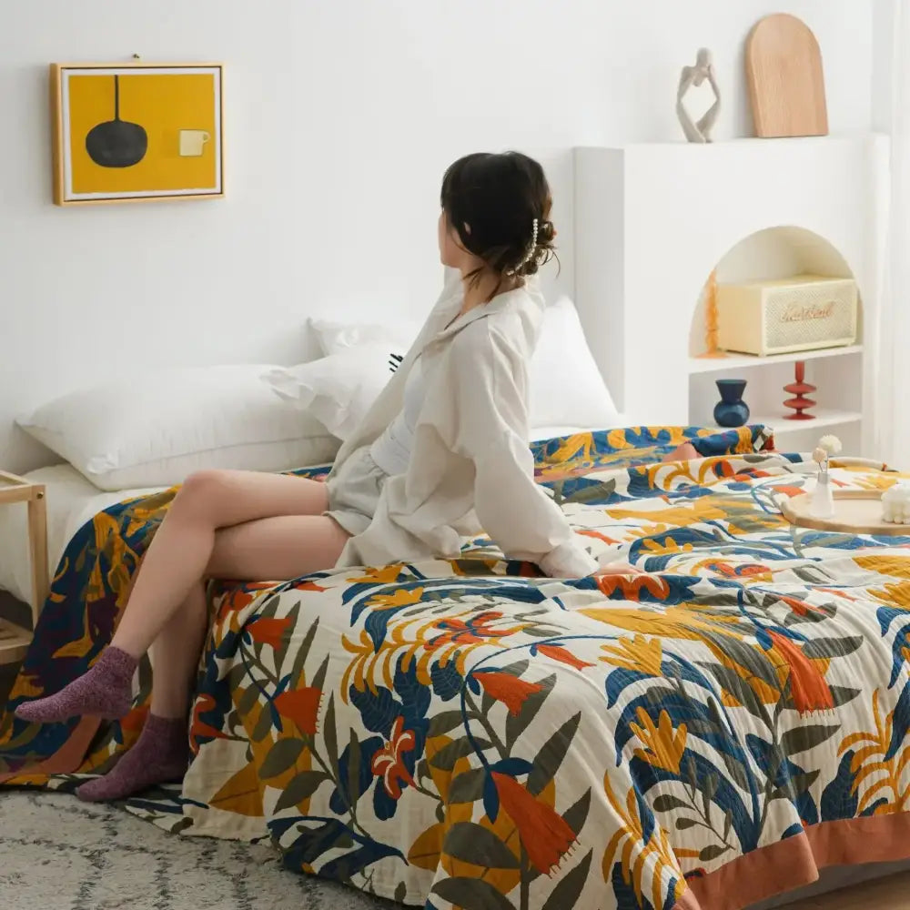 Yellow navy & white cotton gauze soft throw blanket bedroom