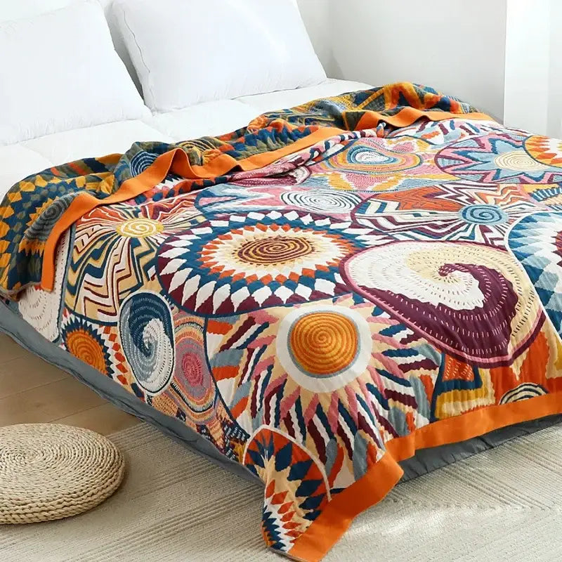 Yellow navy & white cotton gauze soft throw blanket bedroom
