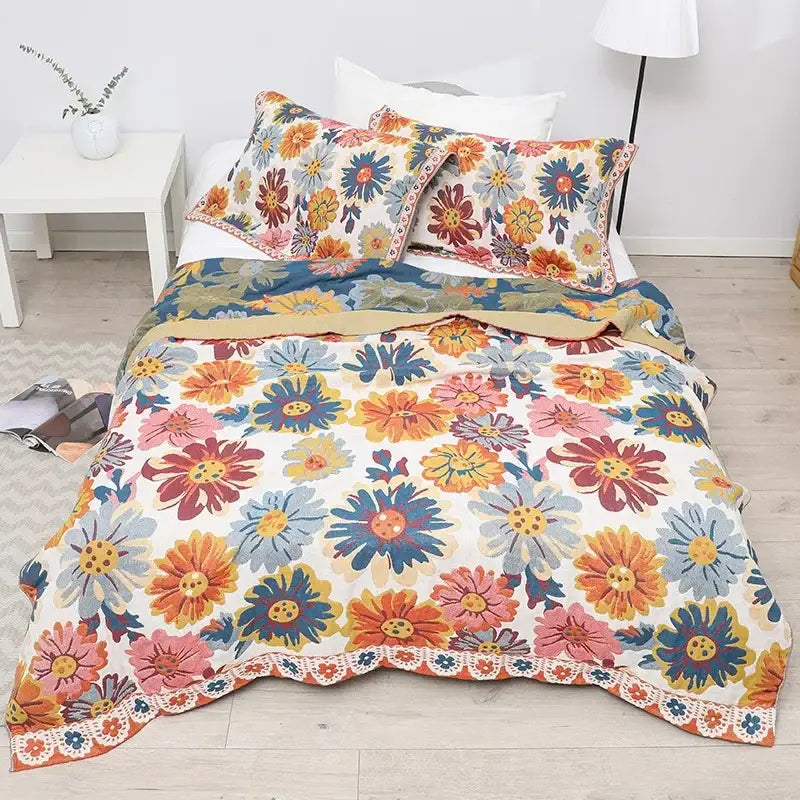 Yellow navy & white cotton gauze soft throw blanket bedroom